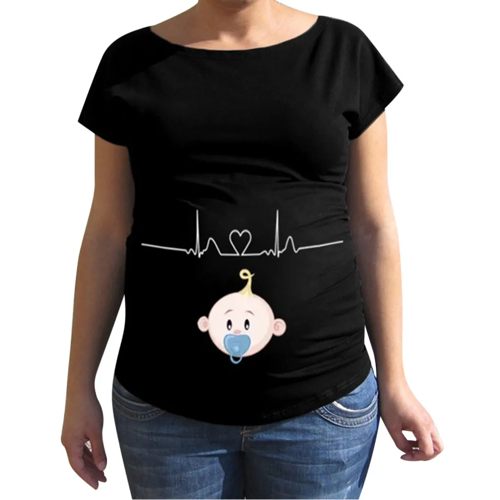 Черный Женская одежда для беременных; ropa de mujer; Повседневная футболка с короткими рукавами и рисунком для беременных; топы для беременных - Цвет: Черный