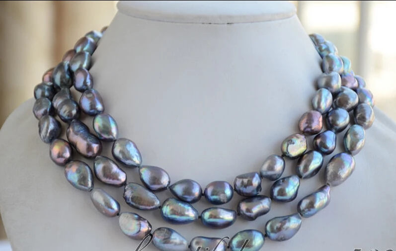 

10*12mm peacock black baroque freshwater cultured pearl necklace 48inch AAA