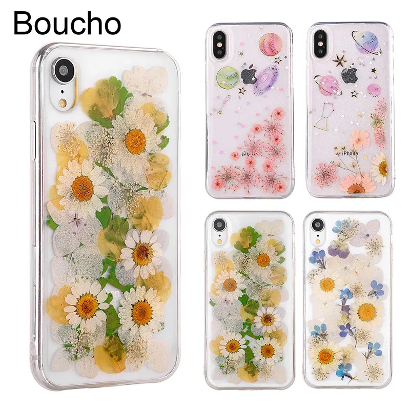 Boucho For iPhone XS MAX 7 6 6S 8 Plus X Fashion Real Plant Flower Floral Planet Phone Cases Soft Silicone Cover XR |