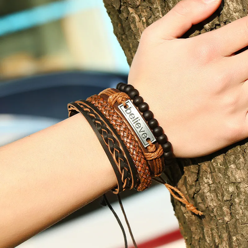 

Believe Vintage Weaving DIY Artificial Leather Adjustable Rope Bracelet Magnetic Buckle Bracelets For Men Jewelry Dropshiping
