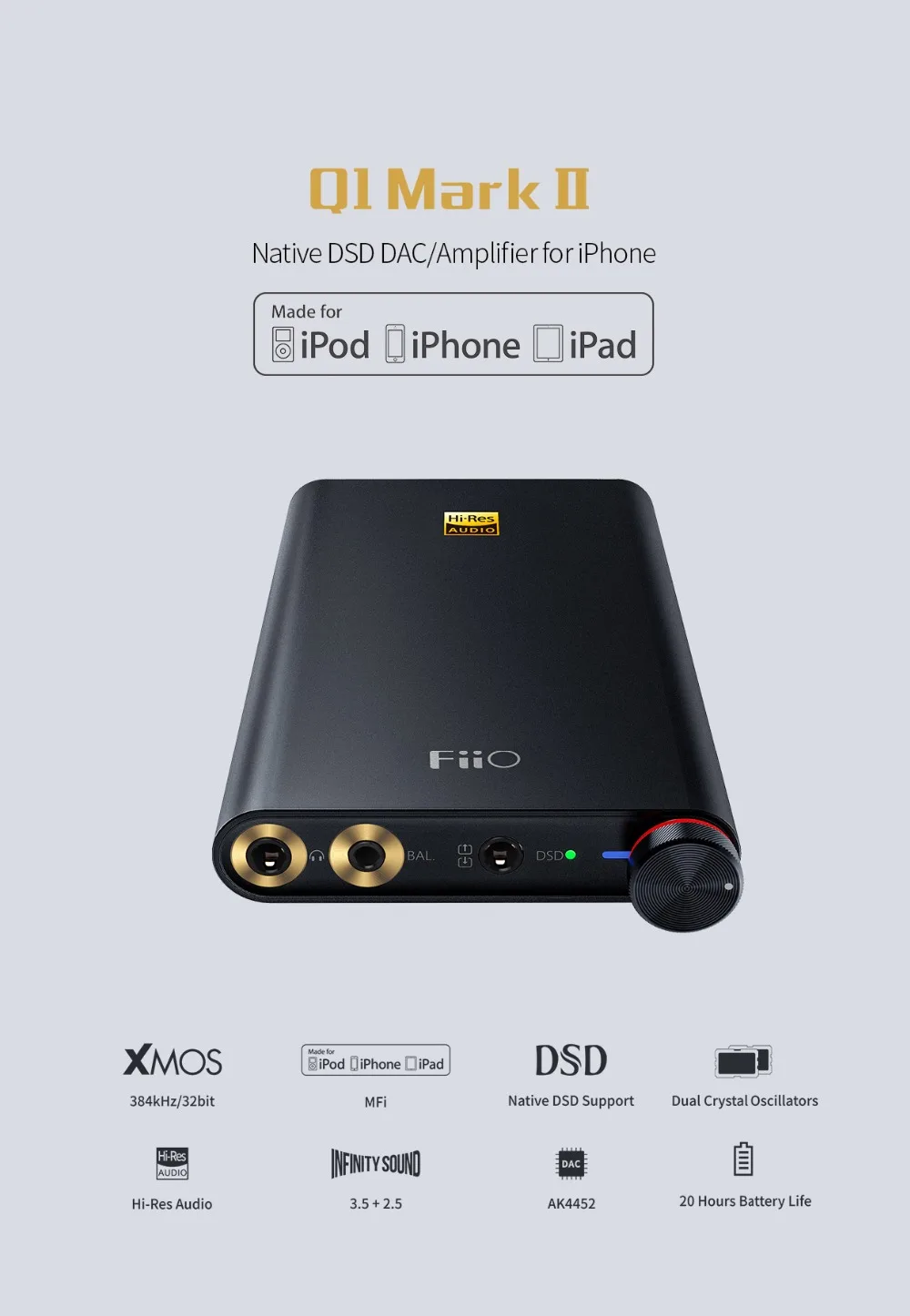 Fiio Q1 Mark II Hi-Res аудио nent DAC DSD усилитель для наушников XMOS 384 кГц/32 бит для Iphone/iPad/PC AK4452 Q1II