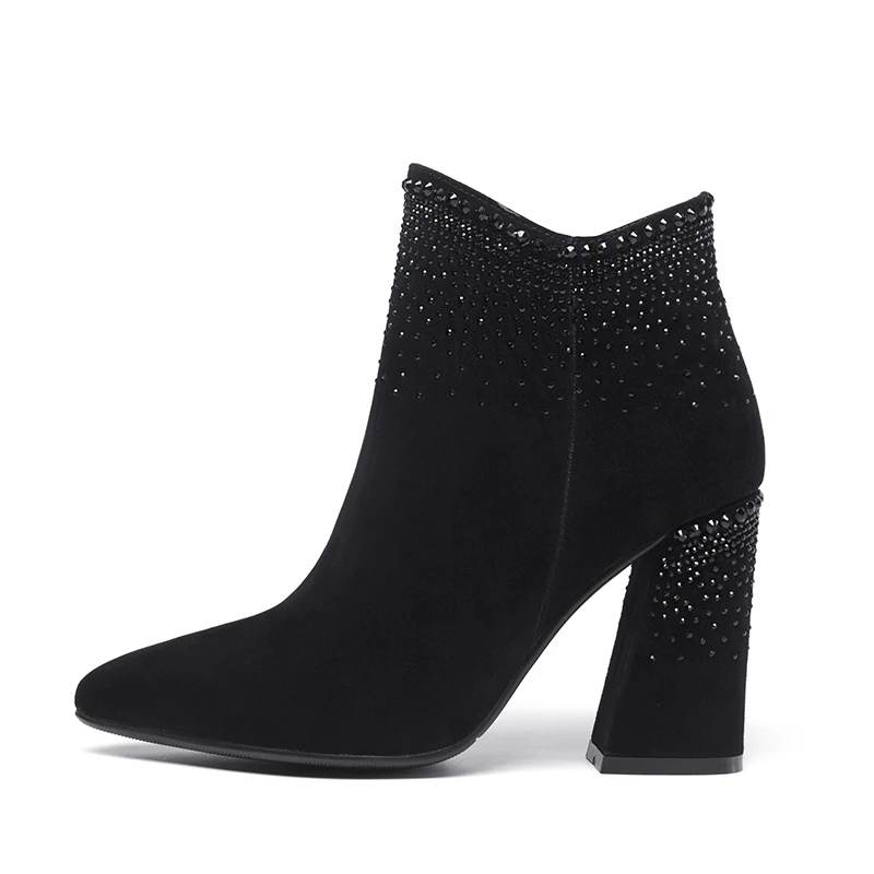 Ботинки женские замшевые черные с острым носком и кристаллами|dress boots|women dress