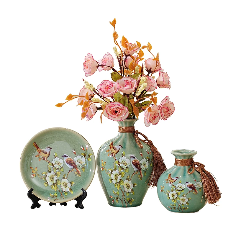

3pc/Set New Chinese ceramic vase curio shelves vases for flowers wedding decoration flower with vase home decoration accessories