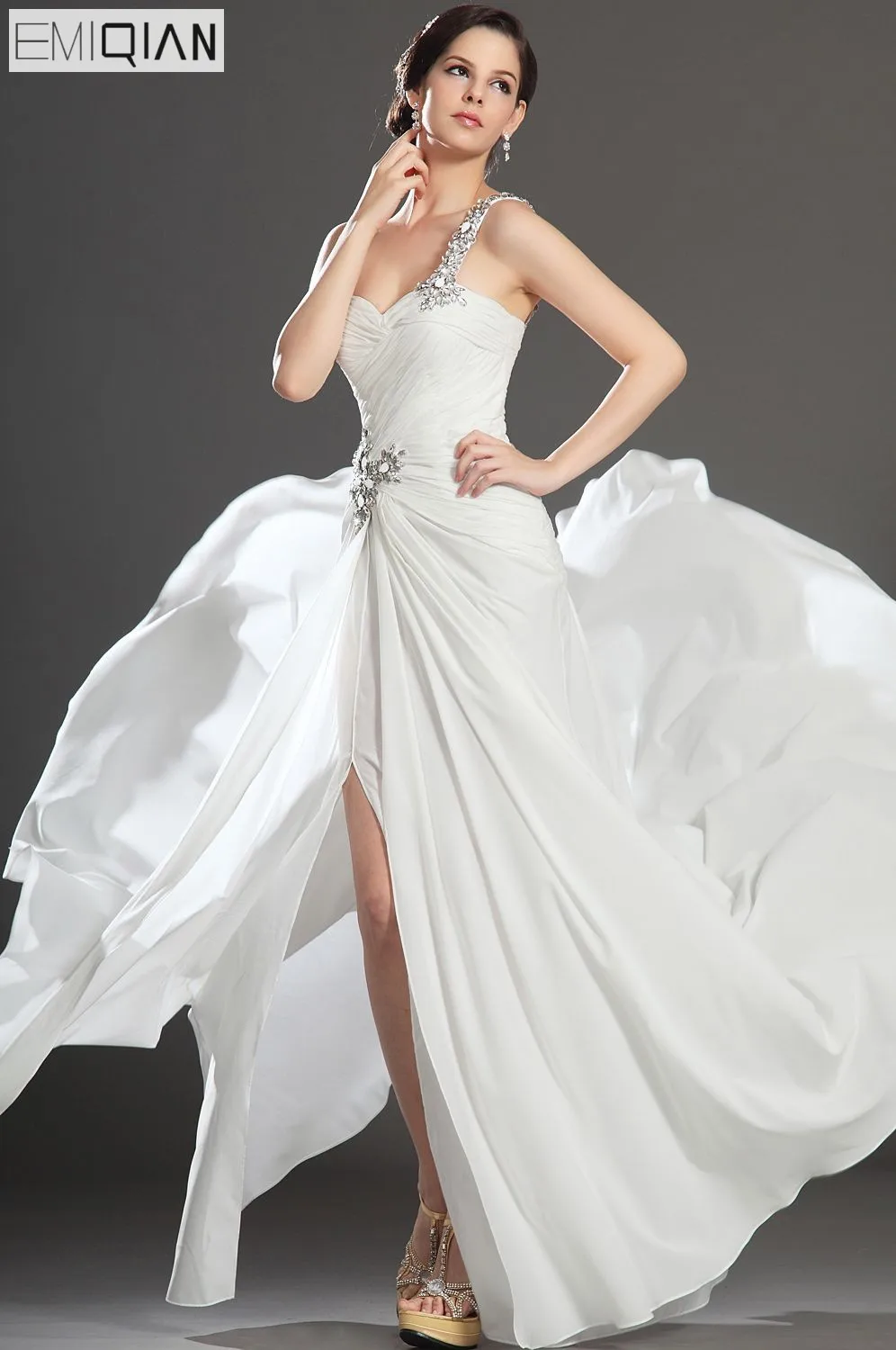 

Free Shipping New Fabulous High Split Court Train White Chiffon Evening Dress