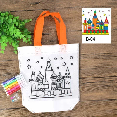 Castle Сделай Сам Сумочка с граффити детская тканевая картина сумки картина окраска Рисование игрушки Детские Обучающие ремесленные игрушки не-тканые упаковочные мешки - Цвет: Castle