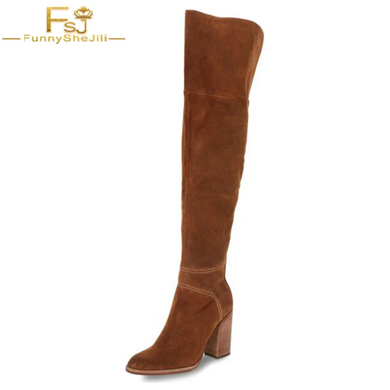 

FSJ Retro Navy Suede Chunky Heel Knee-high Boots for Women Fashion Side Zipper Ladies Party Date Long Warm Botas 2021 Winter