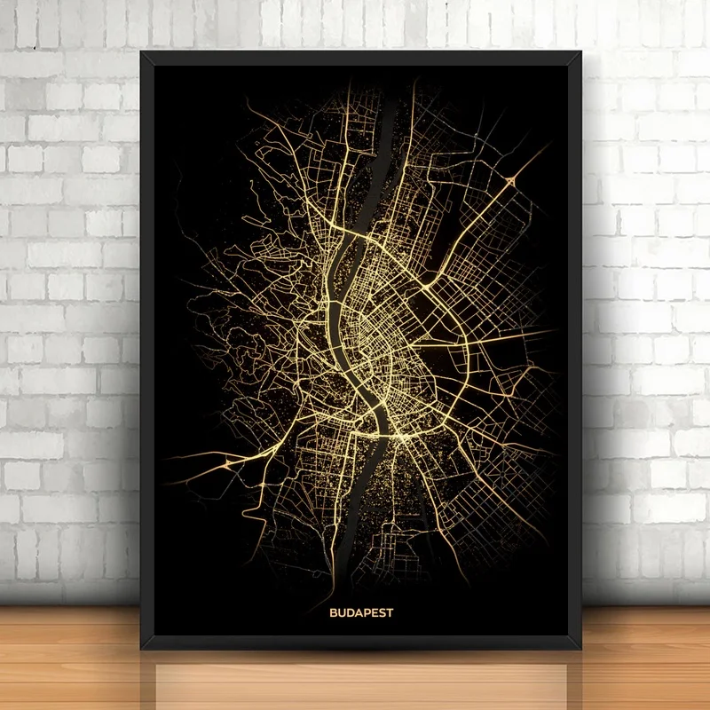 Budapest Modern City Gold Map Poster Canvas Art Print Home Room Decor |