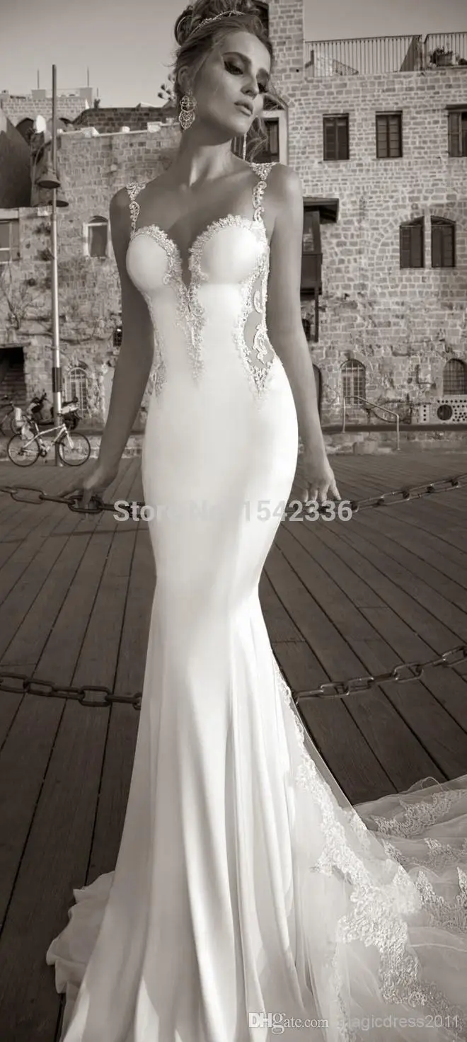 Mermaid Wedding Dresses 2015 Galia Lahav Summer Lace Bare Back Dress Bridal Gown Sheer Straps Tiers Sweep-train | Свадьбы и