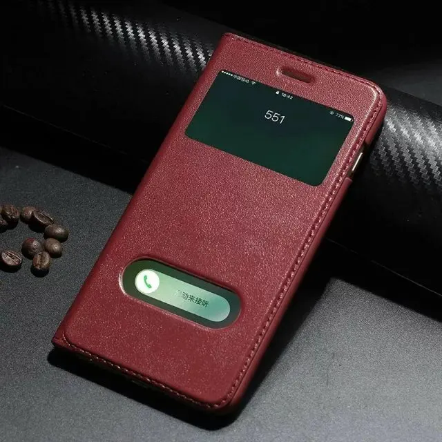 Стильный чехол-книжка с умным окном для Apple iPhone 7 8 Plus, чехол из натуральной яковой кожи для iPhone7, защитный флип-чехол - Цвет: Wine red