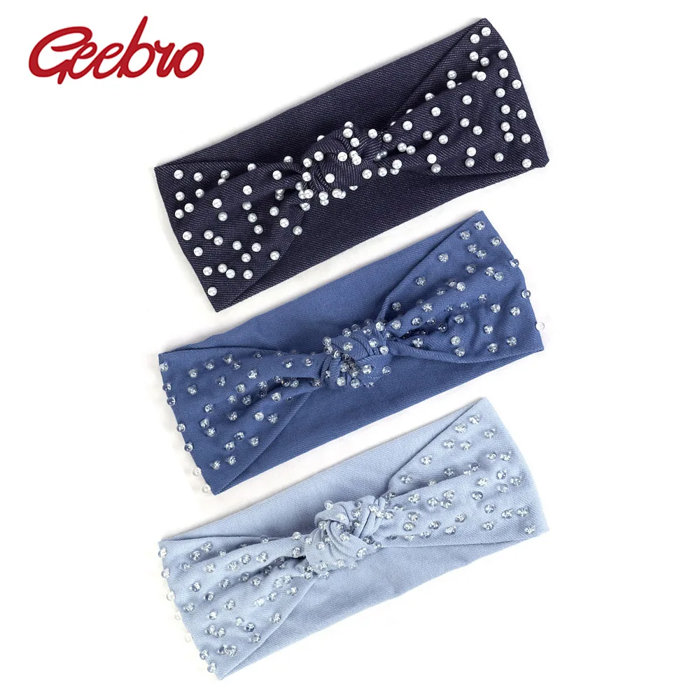 

Geebro Women Denim Ribbed Pearls Hairband Accessories Beads Bow Knotted Headband For Girl Female Boho Turban Stretchy Band DD801