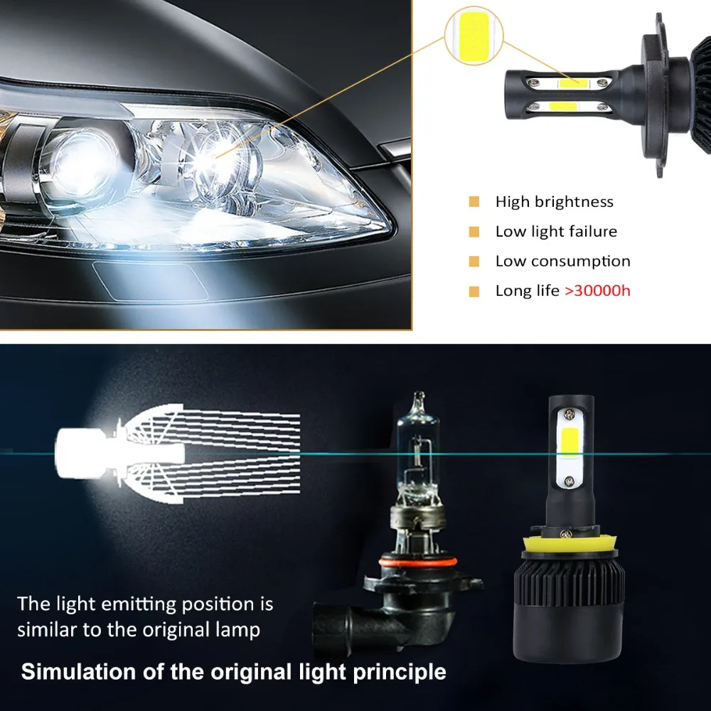Acoosun светодиодный H1 H4 H7 12 V авто фар лампа 72 W фары для 8000LM свет 9005 9006