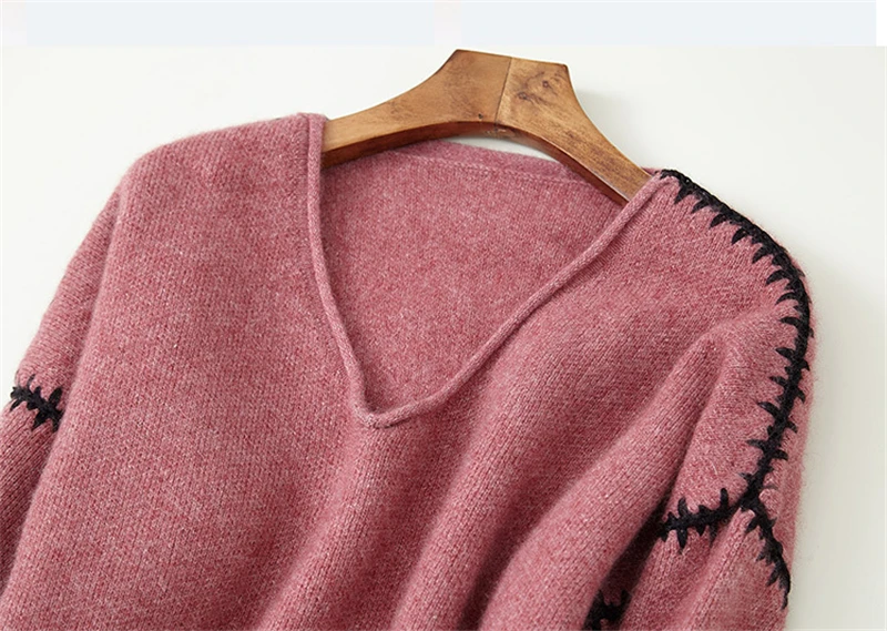 pure goat cashmere knit women fashion handmade sewed spliced Vneck pullover sweater H-straight wide loose solid color S/M/L | Женская