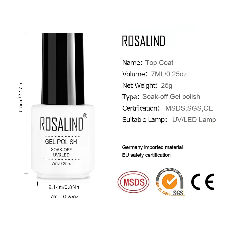 Гель лак для ногтей ROSALIND 7 мл долговечный почти без вкуса верхнее покрытие