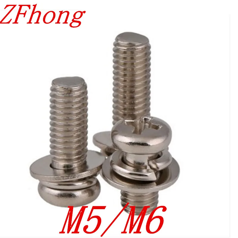 

100pcs M5 M6 steel with nickel three parts Pan Head Combination screw