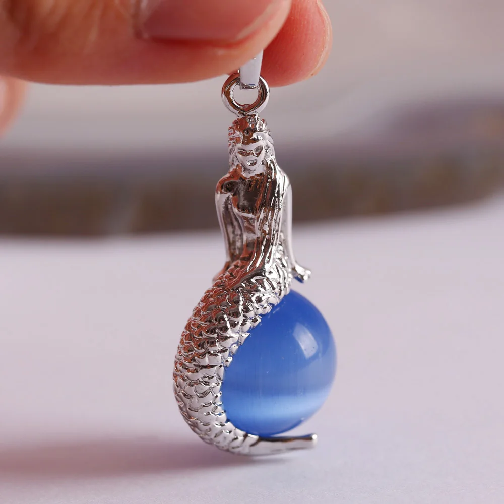 Blue Cat eye Ожерелье натуральный камень 16 мм Круглый кошачий глаз из бисера Азурит подвеска в виде русалки 1 шт - Окраска металла: Blue Cat eye