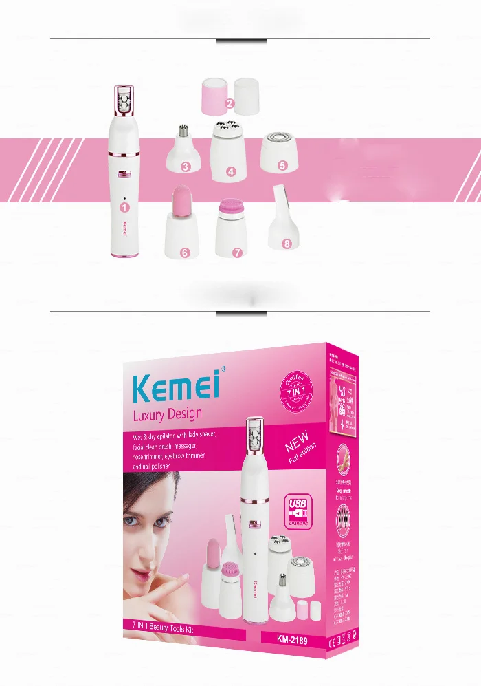 Kemei 7 в 1, влажная сухая Женская бритва, женский эпилятор, бритвенный станок, для удаления волос, триммер для бровей, носа, бикини, ног, подмышек