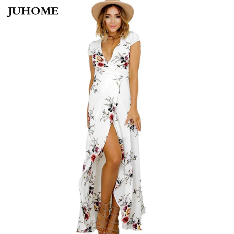 Женское длинное шифоновое платье с разрезом V-образным вырезом и цветочным