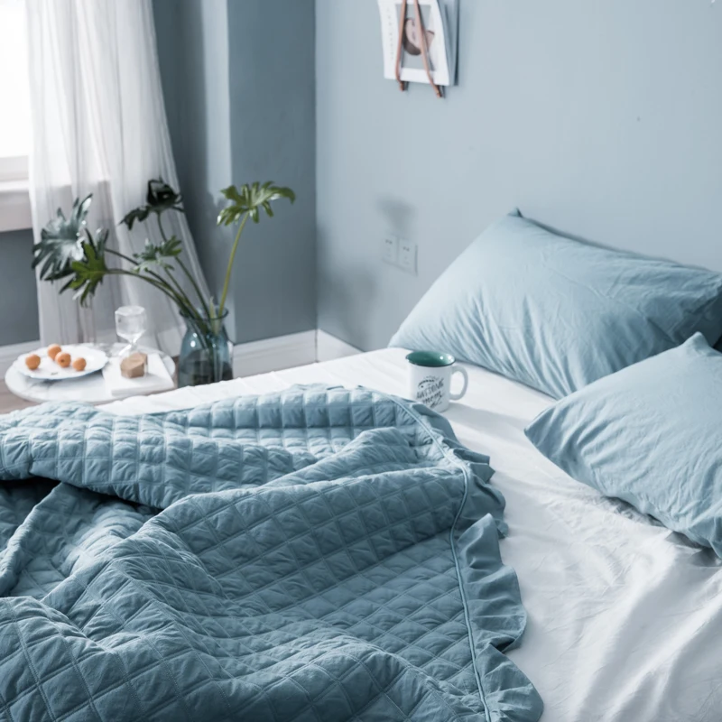 Хлопковое однотонное уютное стеганое одеяло покрывало для кровати летнее