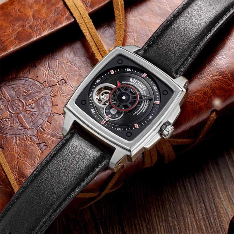 Megir квадратные автоматические мужские часы люксовый бренд Дата месяц Летающий
