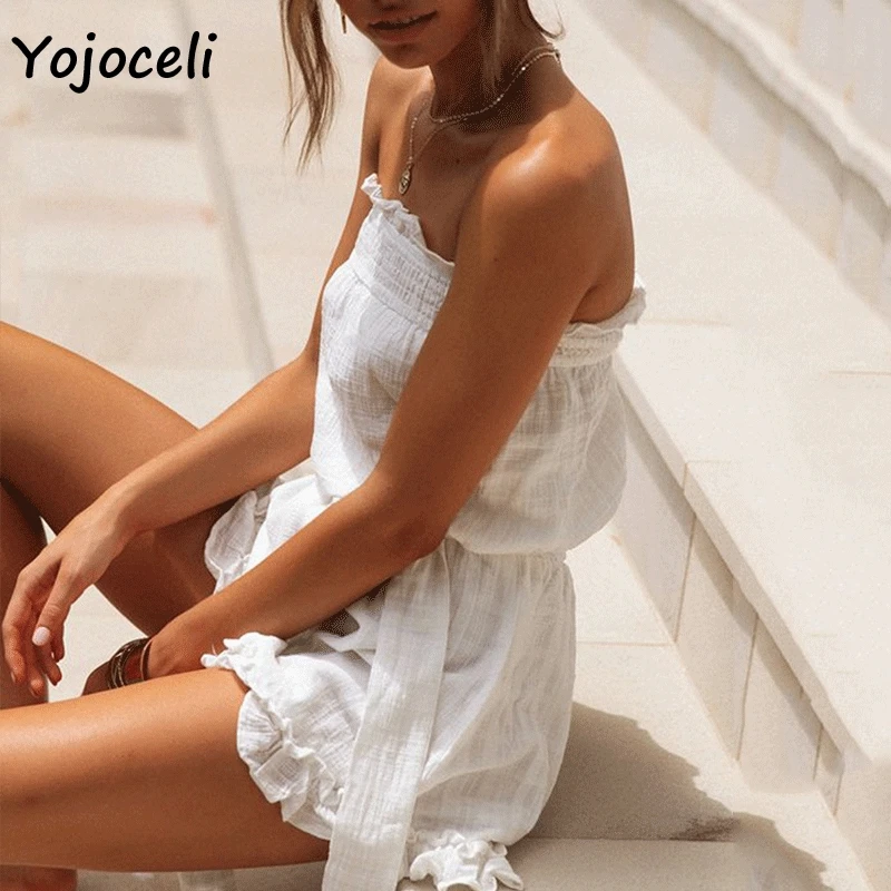 Лето 2019 комбинезон Yojoceli с бантом оборками короткий без бретелек богемный пляжный