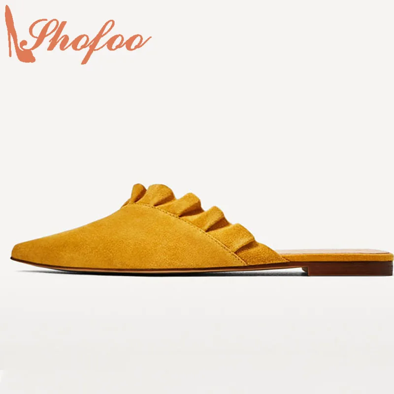 

Yellow Ruffles Sexy Mules Low Heels Clogs Designer Shoes Women Luxury 2021 Superstar Shoes Top Quality Large Size 4-16 Shofoo