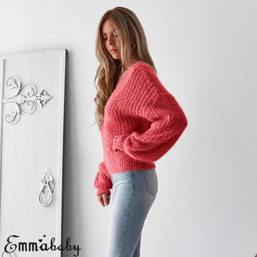 Женский Однотонный свитер с V-образным вырезом и открытой спиной | Женская одежда