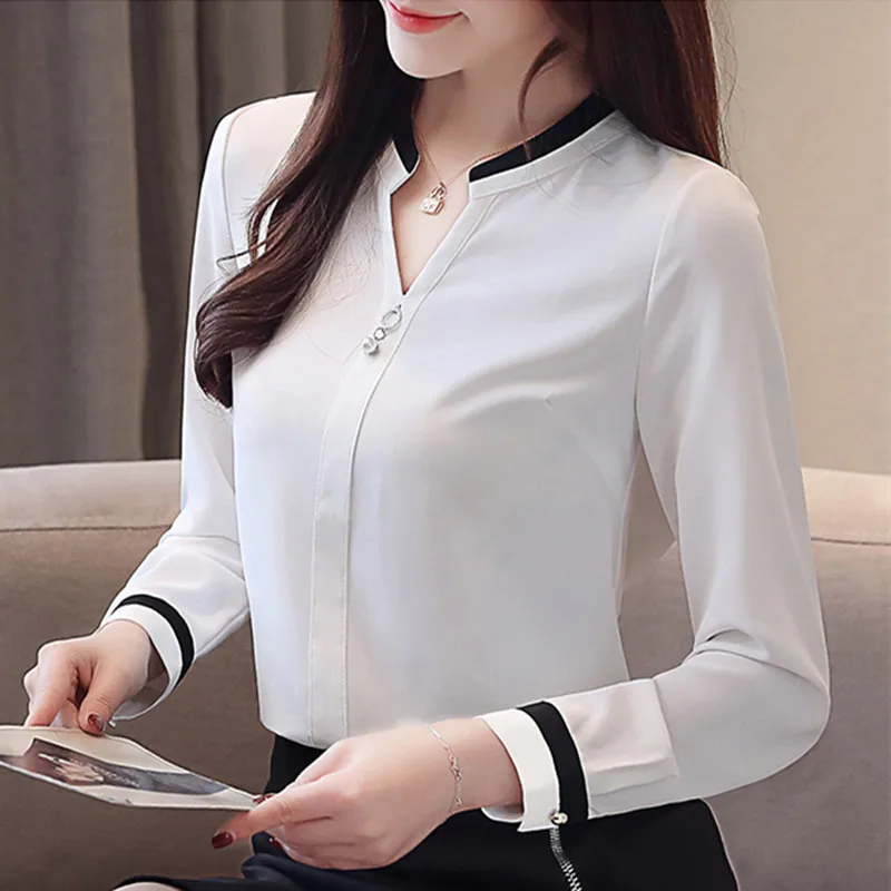 Женская блузка шифон Blusas лето/весна Повседневный длинный рукав v-образный вырез