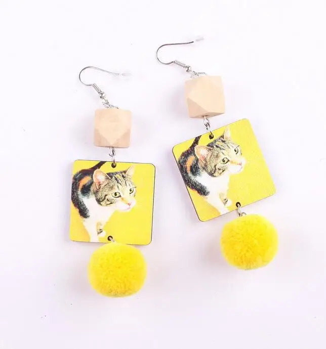 Lovely Harajuku Funny Wood Drop Earrings Little Cat Fuzzy Ball Dangle for Women Girl Fashion Printed | Украшения и аксессуары