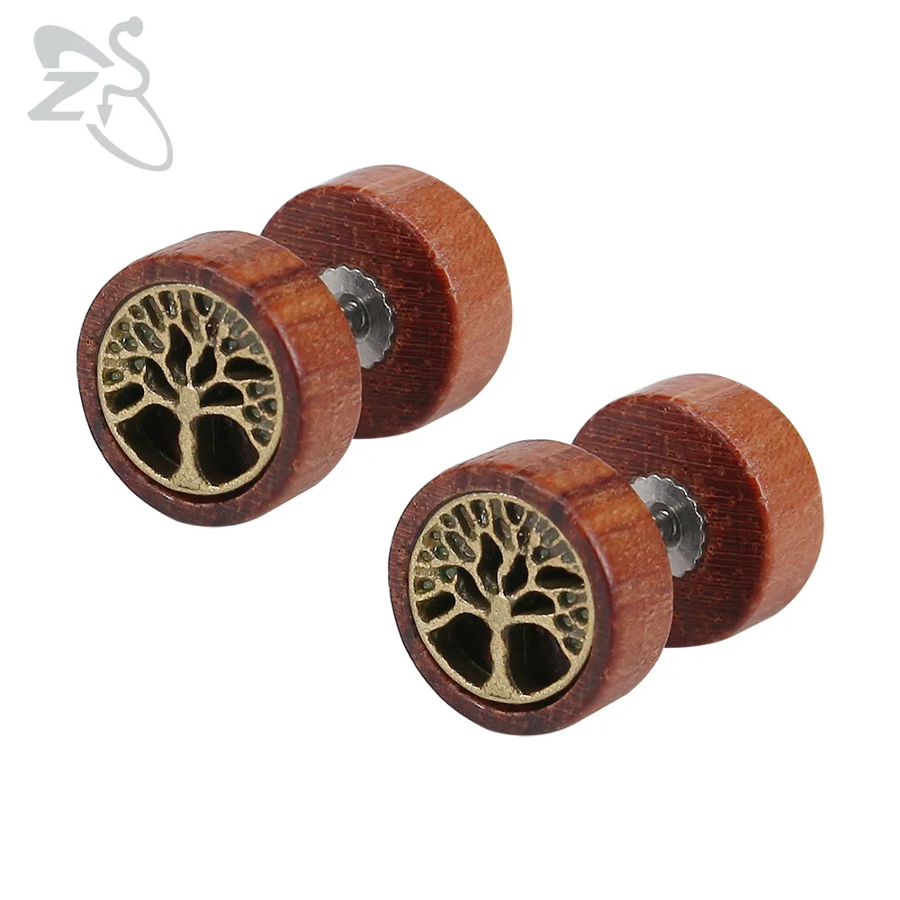 Tree of Life Wood ZS 1 Piar деревянная штанга гантели панк Готика Серьги-гвоздики мужские натуральный камень хип-хоп Рок улица поп серьги мужские байкерские ювелирные изделия - Окраска металла: Tree of Life Wood