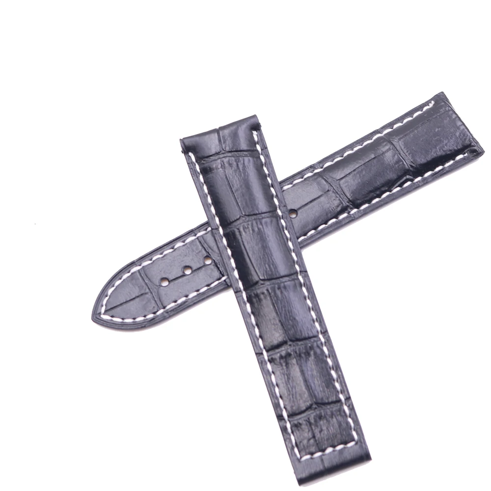 Rolamy 20 22mm Wholesale Black With white Stitches High Quality Genuine Leather Replacement Watch Band Strap Belt For Omega