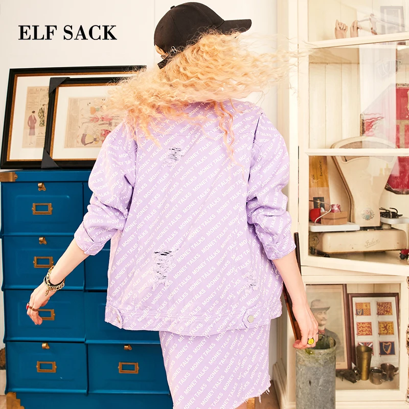 ELFSACK, Осенние новые модные женские комплекты, хлопковые повседневные женские джинсовые комплекты с буквенным принтом, уличная одежда, джинсовый женский костюм из двух частей
