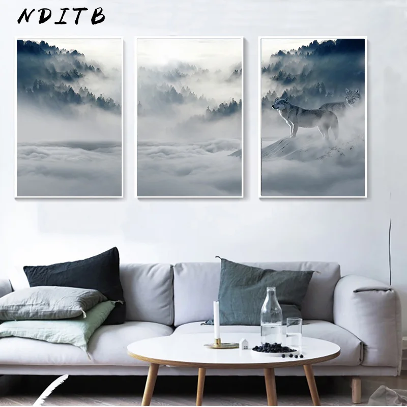 Туманные горы - Холст, плакат, нордический лес, пейзажная картина, печать, декорирование, изображение, скандинавский декор для дома.