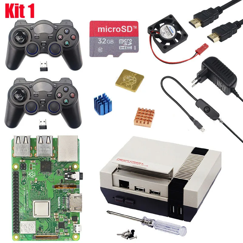 Темно-синий Raspberry Pi 3 Model B+ чехол NESPi Plus+ 2 беспроводных геймпада+ sd-карта 32 ГБ+ адаптер питания 3 А+ вентилятор+ радиатор для Retropie - Цвет: Темно-синий