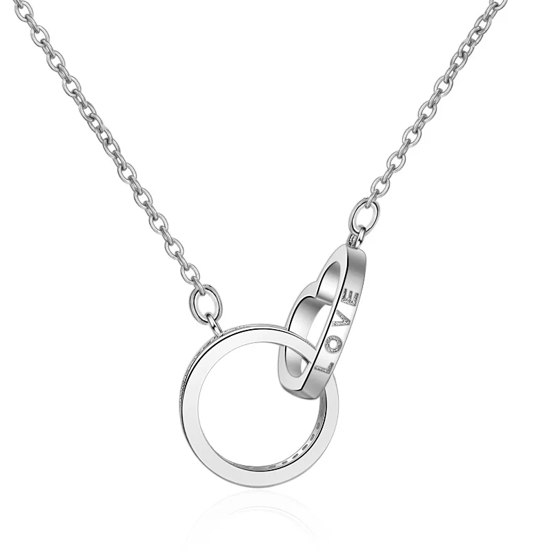 

Color Preserving Fashion Necklace heart LOVE Letter Circle steel crystal rose gold color Imitation Rhodium plated Metal Chain