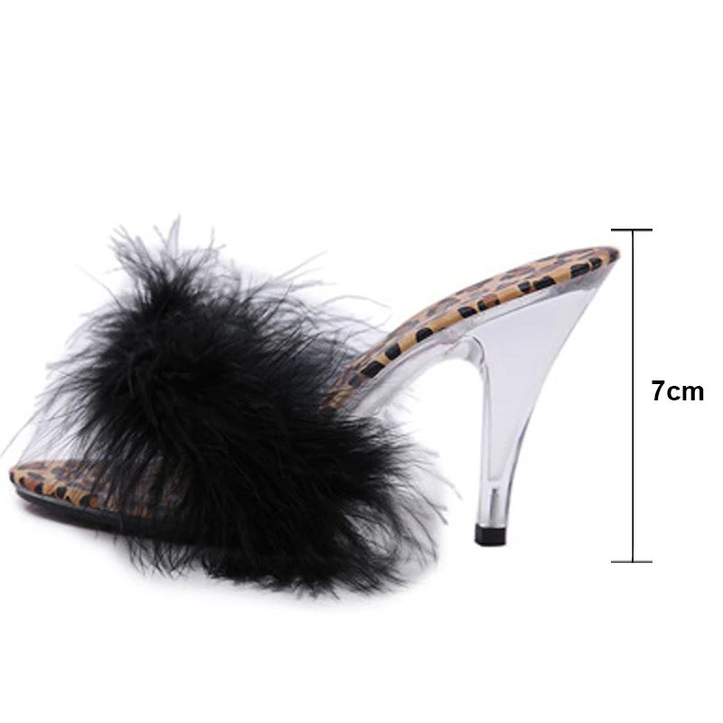Black 7cm Пикантные леопардовые тапочки с перьями; большие размеры 34-45; женские летние меховые вечерние силиконовые стельки для защиты от натирания ног; женские интересные сандалии; WS0022 - Цвет: Black 7cm