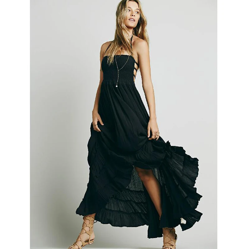Богемное летнее черное платье макси без бретелек с открытой спиной|maxi dress|beach