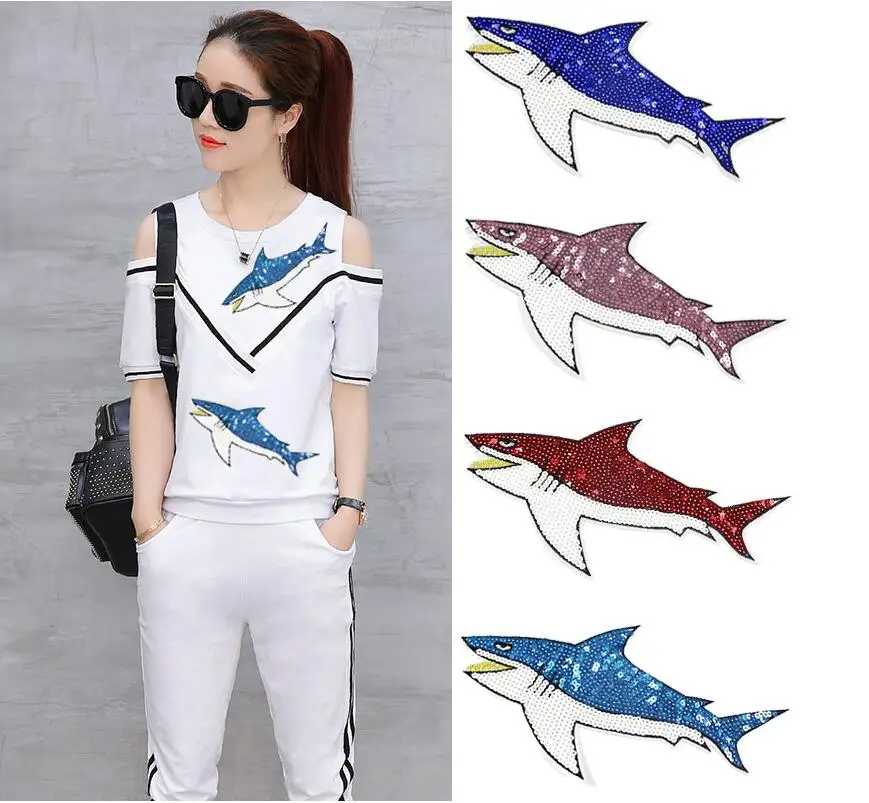 Новинка 2017 вышитые нашивки с блестками в виде акулы для одежды сделай сам пальто