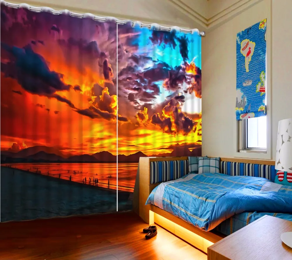 

Custom polyester/cotton 3D Curtains For Home beautiful sea landscape colorful Sheer Curtains For Kitchen