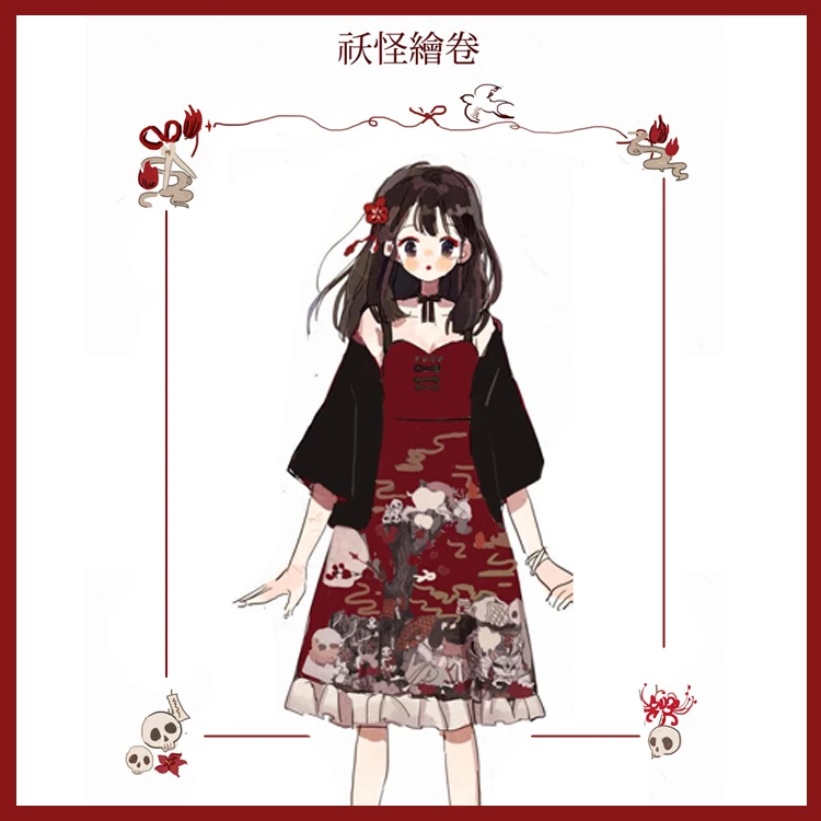 Mori Girl Monster Scrolls РЕТРО ПРИНТ Сладкая Лолита японское шифоновое платье на подтяжках Harajuku женское милое летнее платье без рукавов