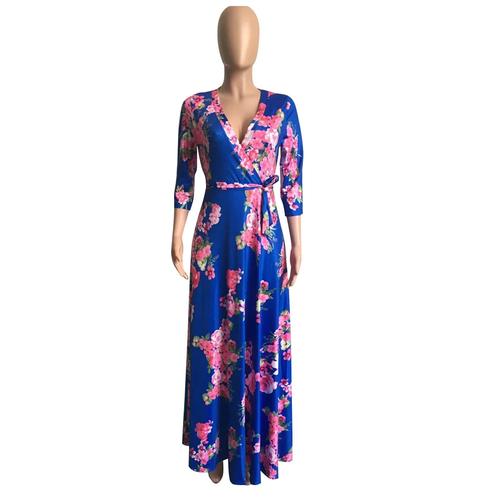 

Digital Print Expansion Dress Casual Floral Print Three Quarter A Line V Neck Women Dress Party Vintage Boho Style Dress Women