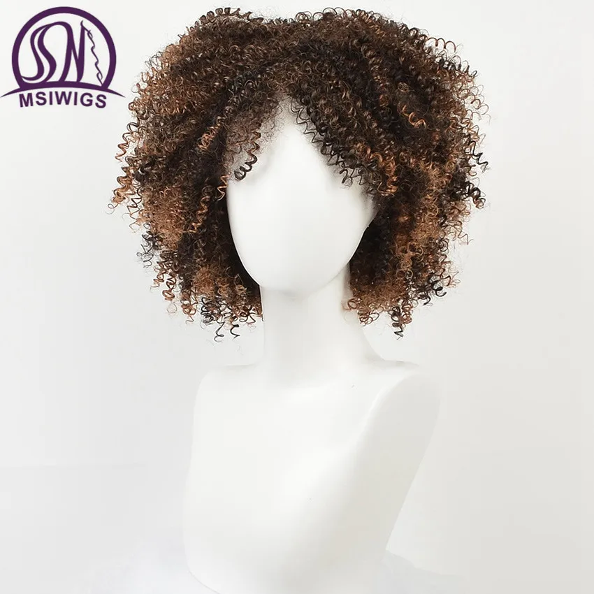 MSI Wigs синтетический кудрявый парик для черных женщин натуральный коричневый цвет Омбре волосы мягкие Короткие афро парики с челкой две модели