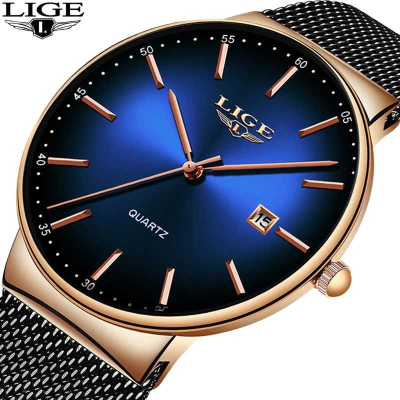 

2019 LIGE Cool Date Dial Mens Watches Top Brand Luxury Fashion Ultra-Thin Mesh Belt Watch For Men Simple Waterproof Quartz Clock