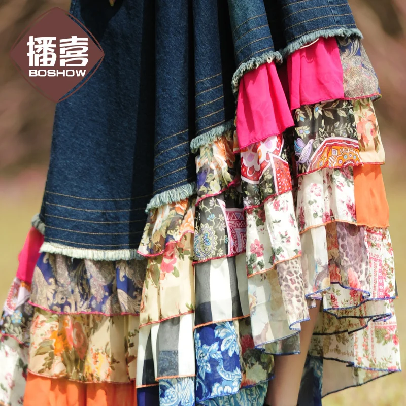 Женская шифоновая юбка длинная макси с цветочным принтом оборками эластичной