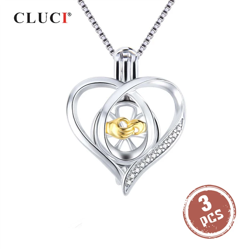 CLUCI 3 шт серебро 925 кулон медальон для женщин ожерелье ювелирные изделия 925 Серебро Сердце Циркон Жемчужная подвеска клетка