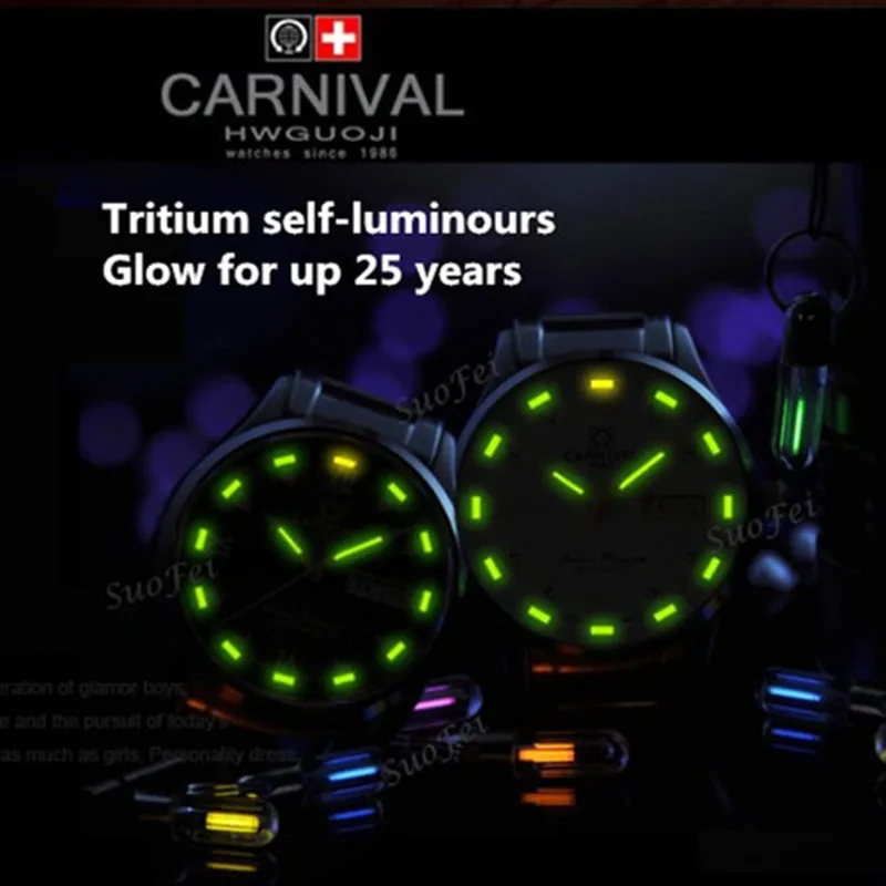 T25Carnival роскошный бренд Тритий светильник мужские часы Механические двойной Календарь Дата Тритий Светящиеся часы miyota Часы montre