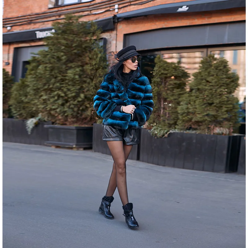 Женская теплая зимняя Роскошная куртка с меховым воротником, тонкая натуральная зимняя повседневная синяя шуба из кролика Рекс, настоящая Меховая куртка