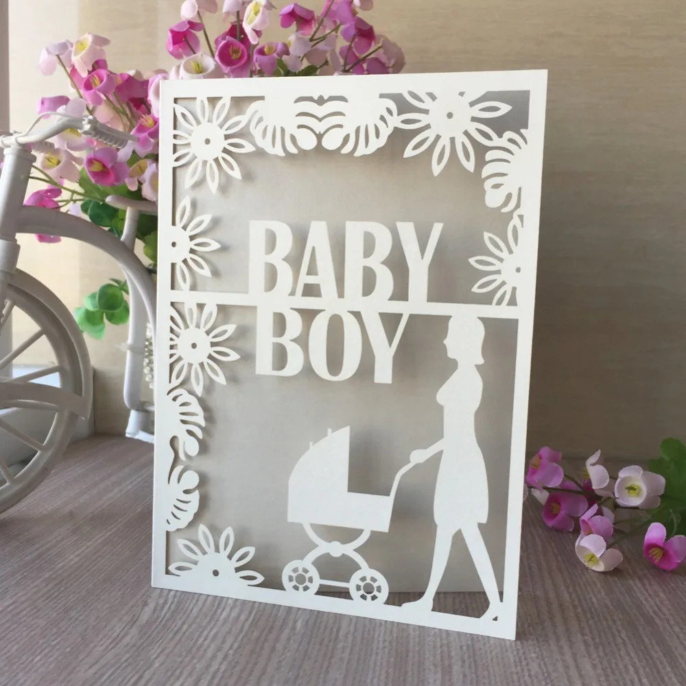 100pcs/lot Creative Laser Cut Baby Carriage Pattern Shower Invitations Birthday Party Decorations Gender Reveal | Дом и сад