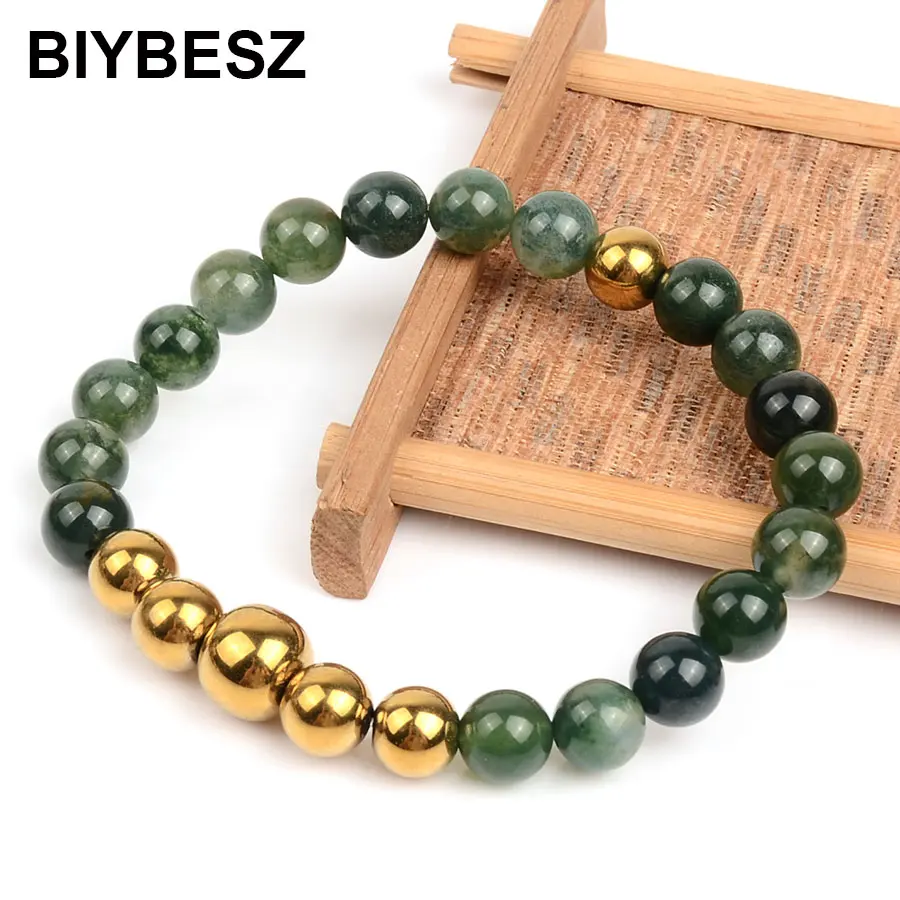 2019 натуральный камень моховые Агаты браслет с бусинами для мужчин золото гематит