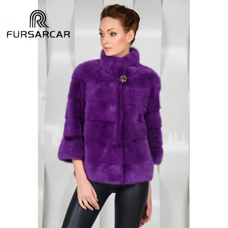 Женская Шуба из натуральной норки FURSARCAR фиолетовая теплая Короткая Меховая