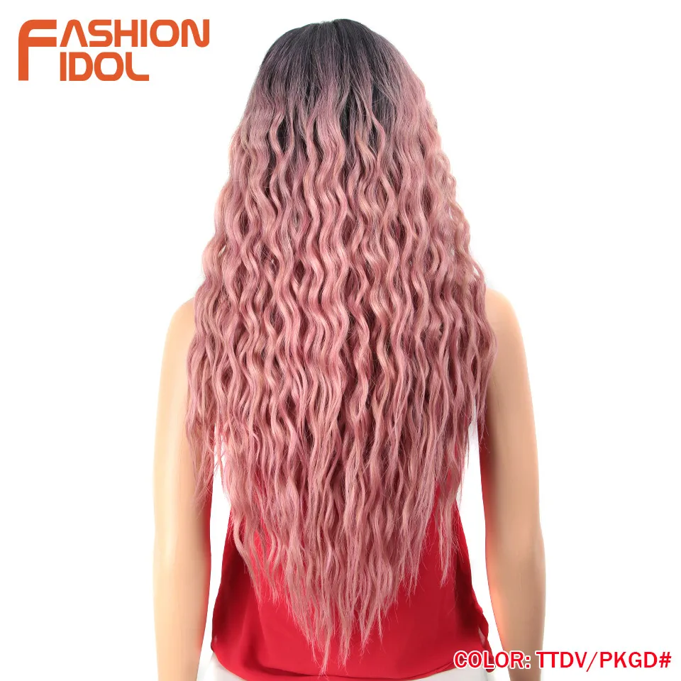 FASHION IDOL 28 inch Hair Synthetic Lace Front Wigs For Black Women Soft Loose Wave Hair Ombre Brown Pink Heat Resistant Hair